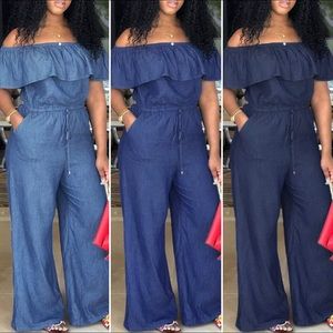 Off-Shoulder, Wide-Legged, Jean-Look, Jumpsuit